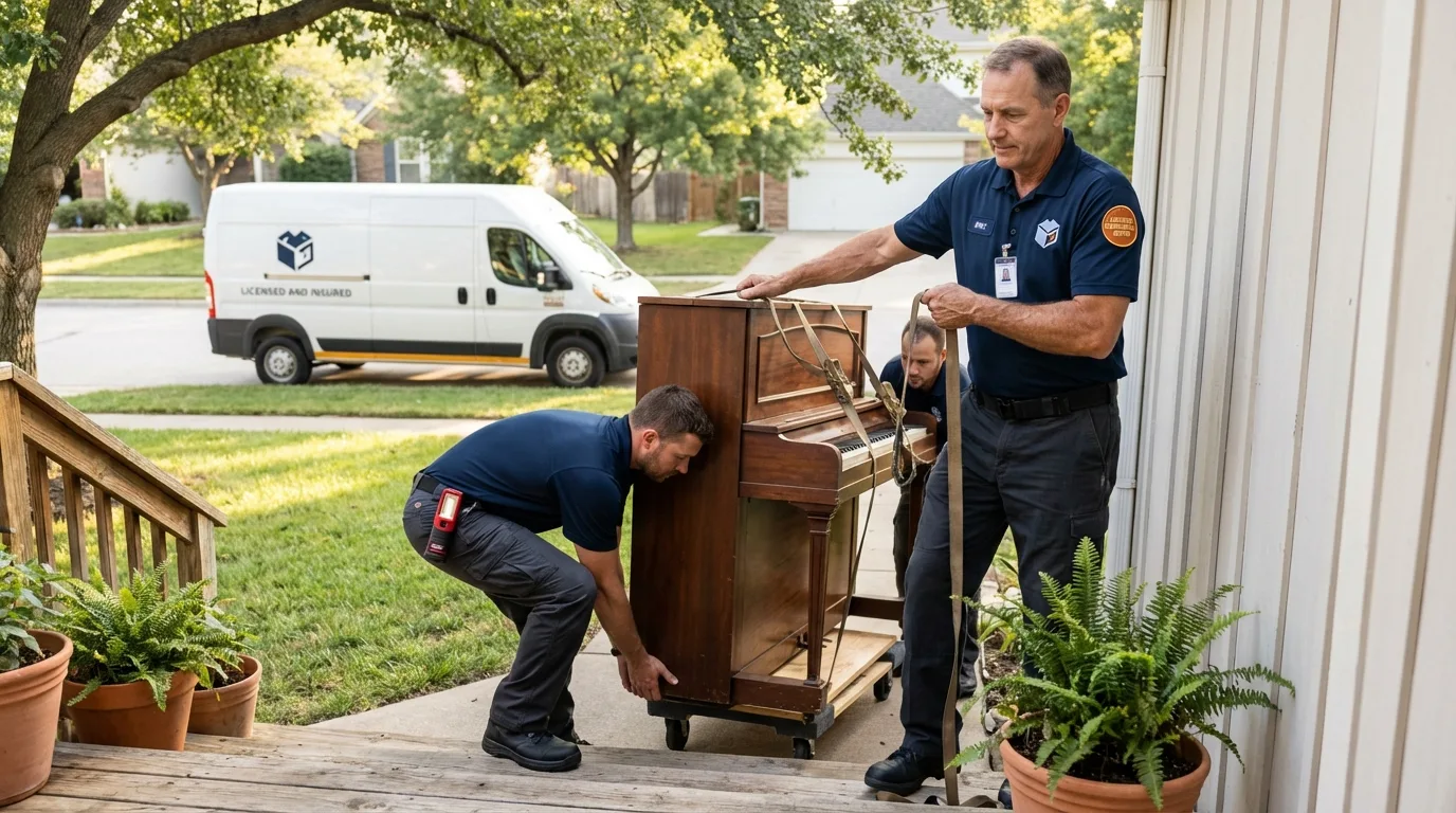 Licensed piano movers securing grand piano in Brackenridge, PA