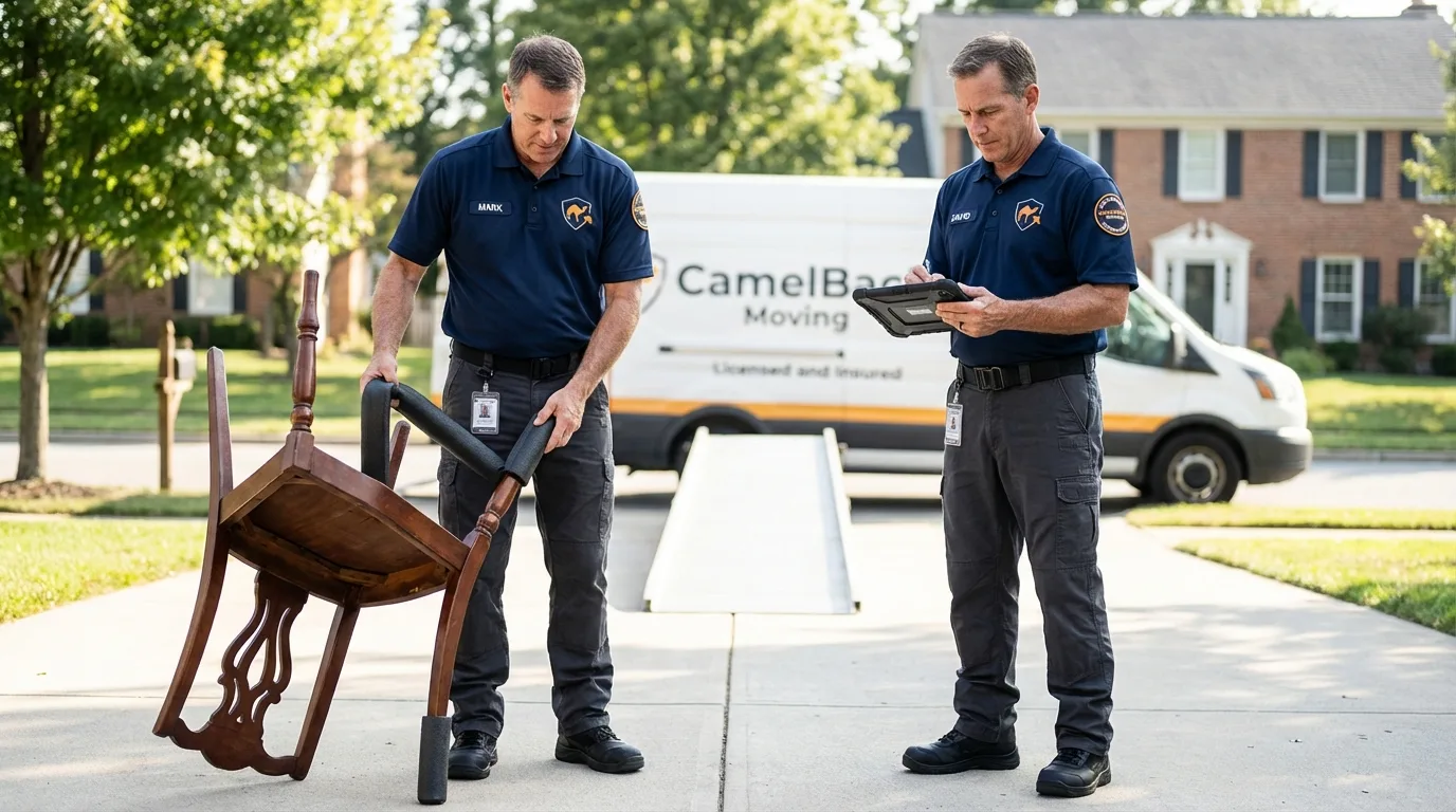 Movers inspecting furniture for damage prevention before loading in Brackenridge, PA