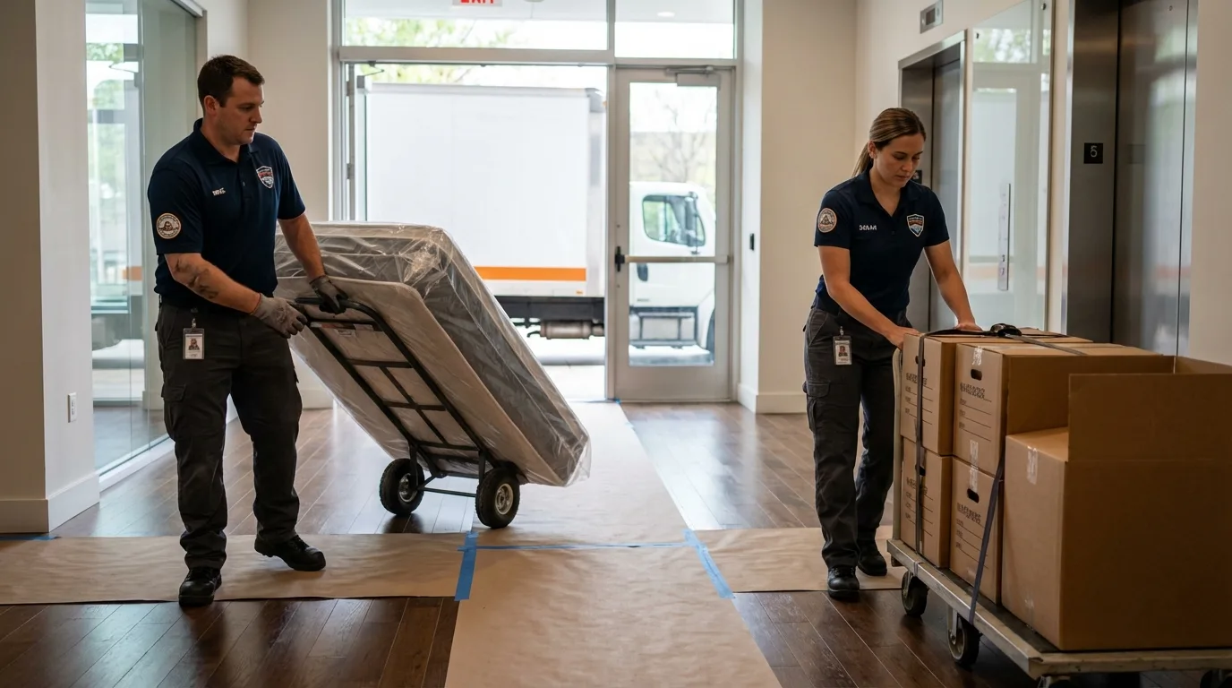 Professional apartment movers loading elevator in Brackenridge, PA